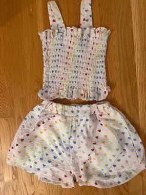 Lola + The Boys White Smocked Tank & Shorts Set with Rainbow Heart Print
